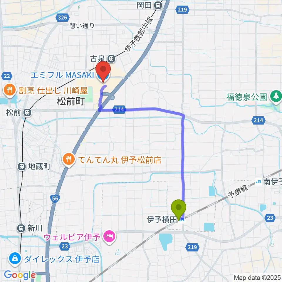 伊予横田駅から島村楽器エミフルMASAKI店へのルートマップ地図