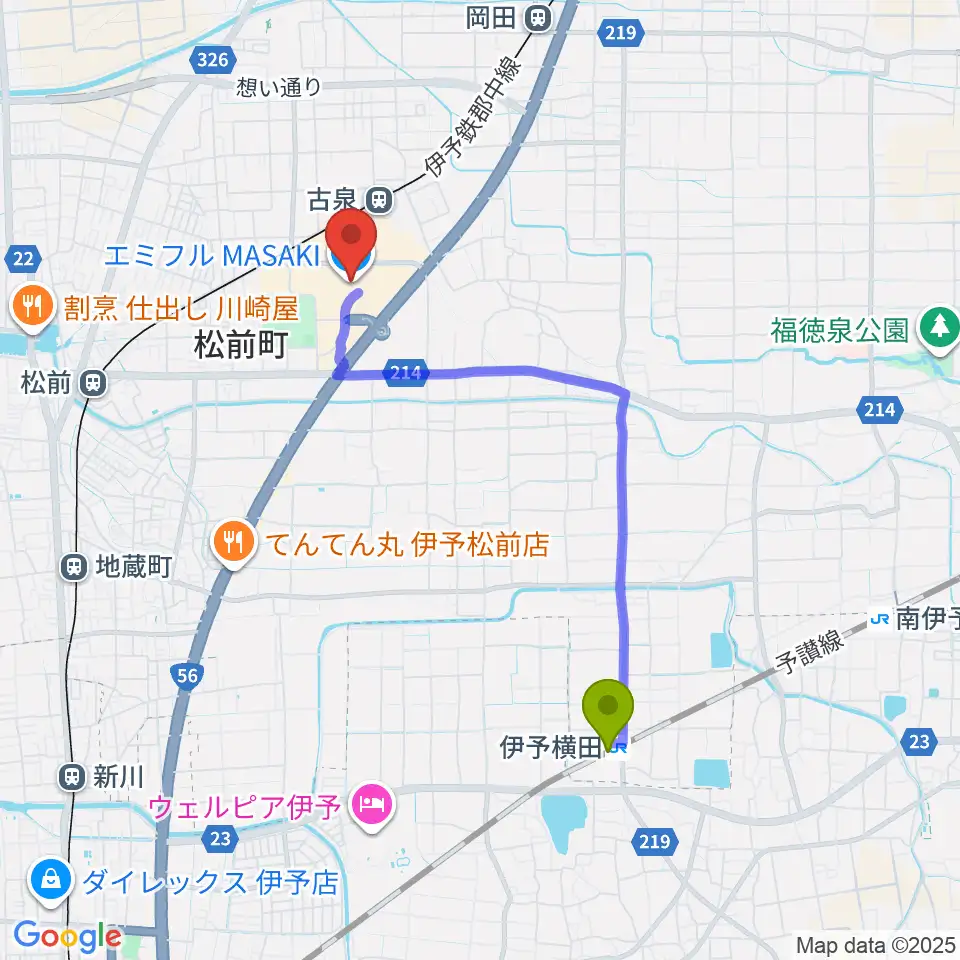 伊予横田駅から島村楽器エミフルMASAKI店へのルートマップ地図