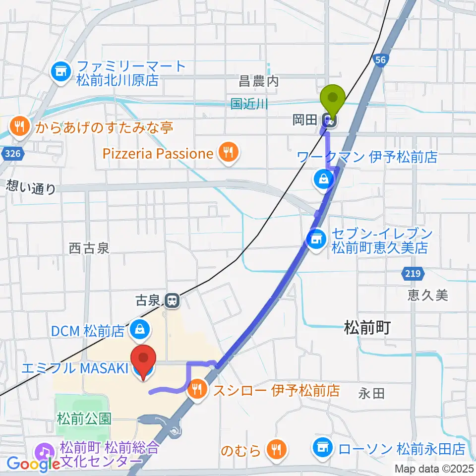 岡田駅から島村楽器エミフルMASAKI店へのルートマップ地図