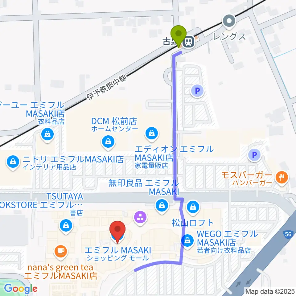 島村楽器エミフルMASAKI店の最寄駅古泉駅からの徒歩ルート（約5分）地図