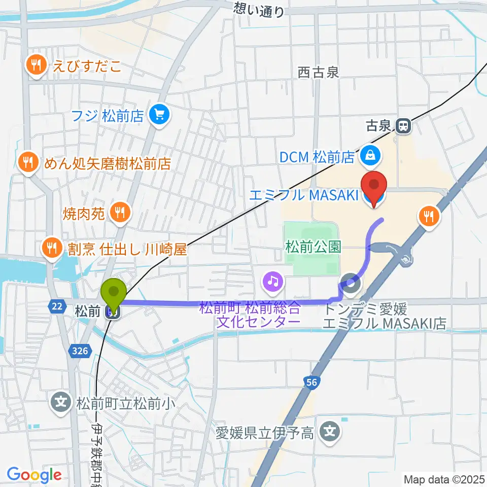 松前駅から島村楽器エミフルMASAKI店へのルートマップ地図