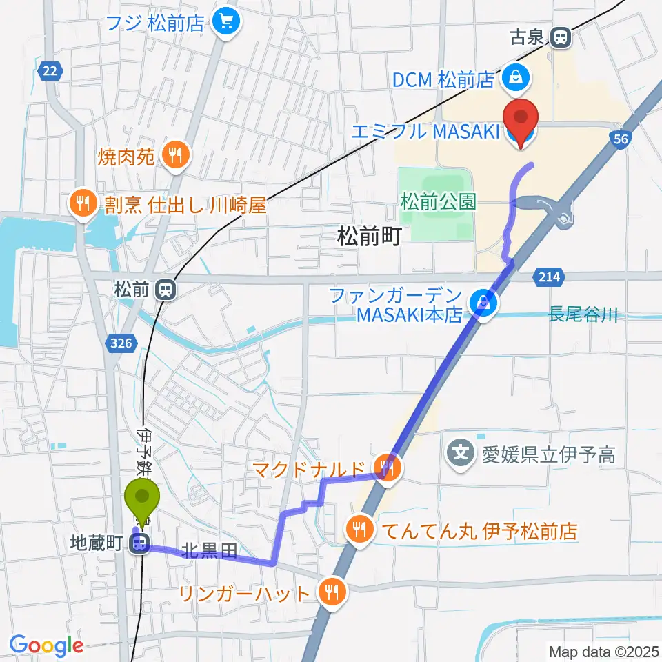 地蔵町駅から島村楽器エミフルMASAKI店へのルートマップ地図