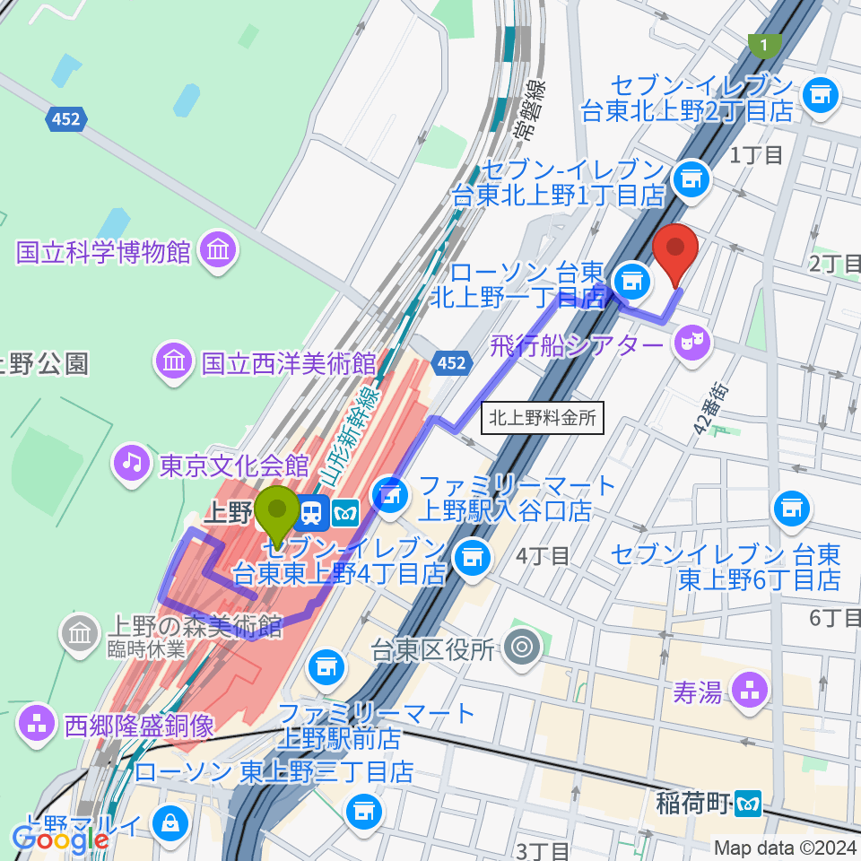 上野駅から上野ストアハウスへのルートマップ地図