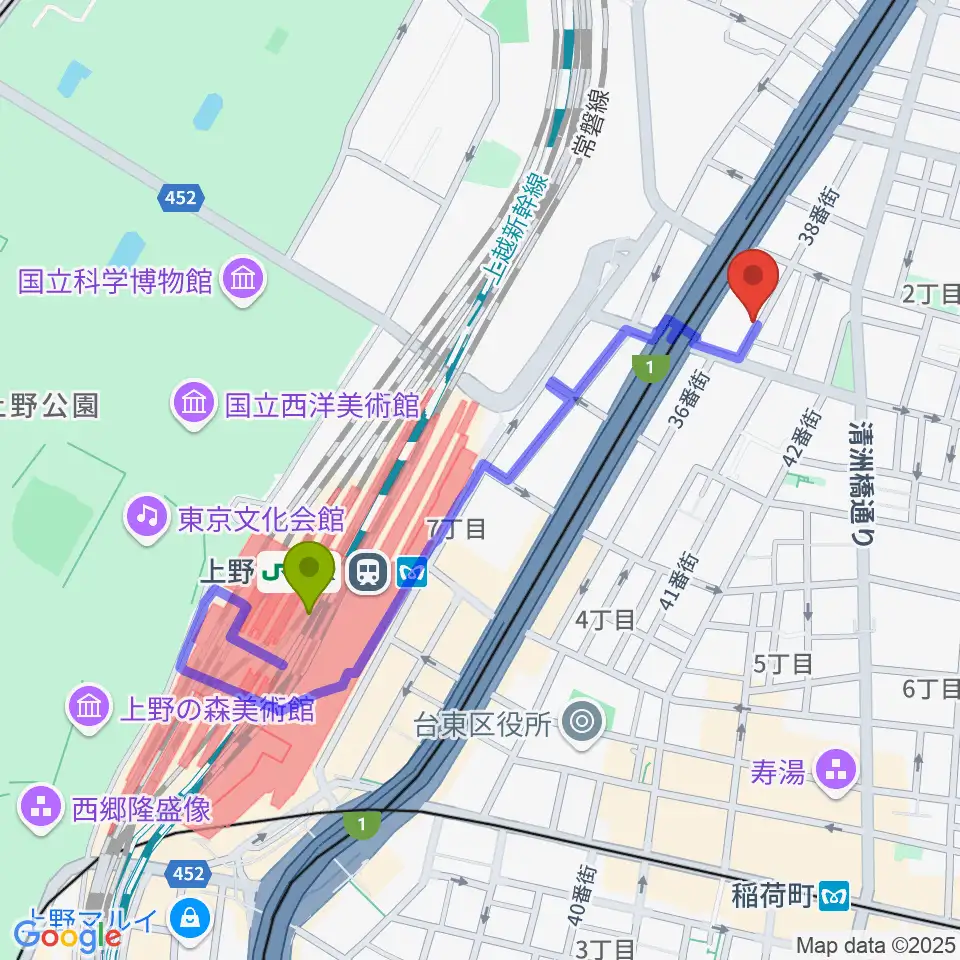 上野駅から上野ストアハウスへのルートマップ地図