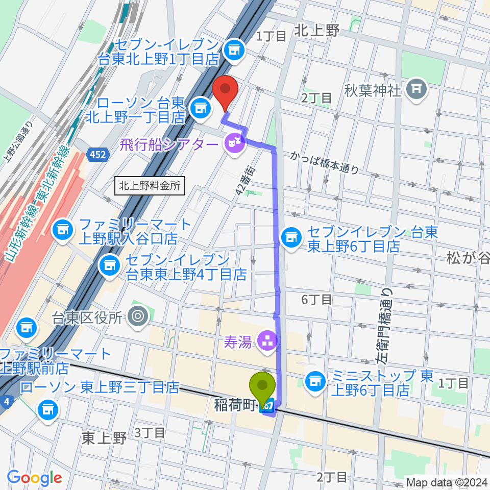 稲荷町駅から上野ストアハウスへのルートマップ地図