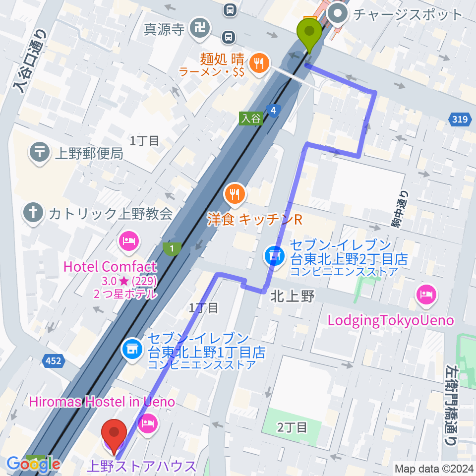 上野ストアハウスの最寄駅入谷駅からの徒歩ルート（約7分）地図