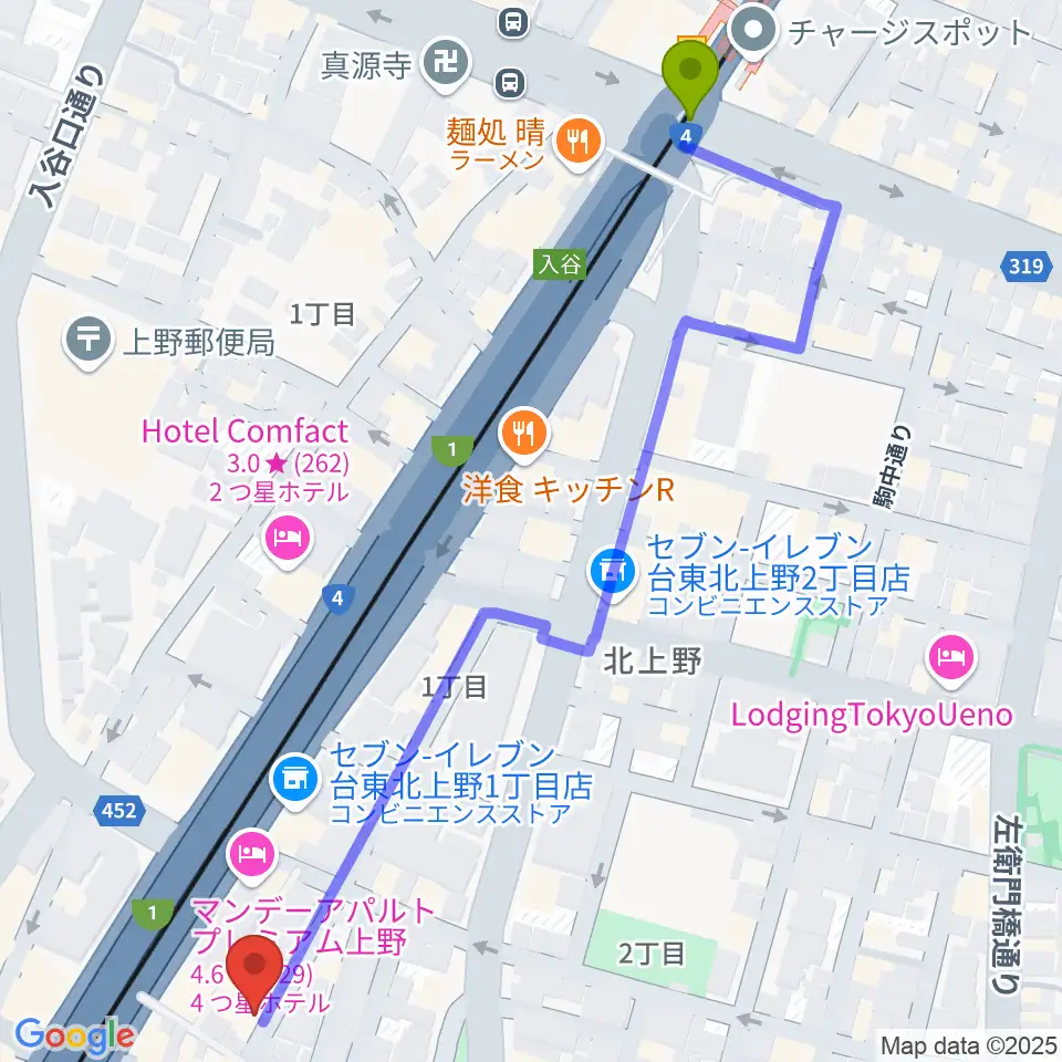 上野ストアハウスの最寄駅入谷駅からの徒歩ルート（約7分）地図