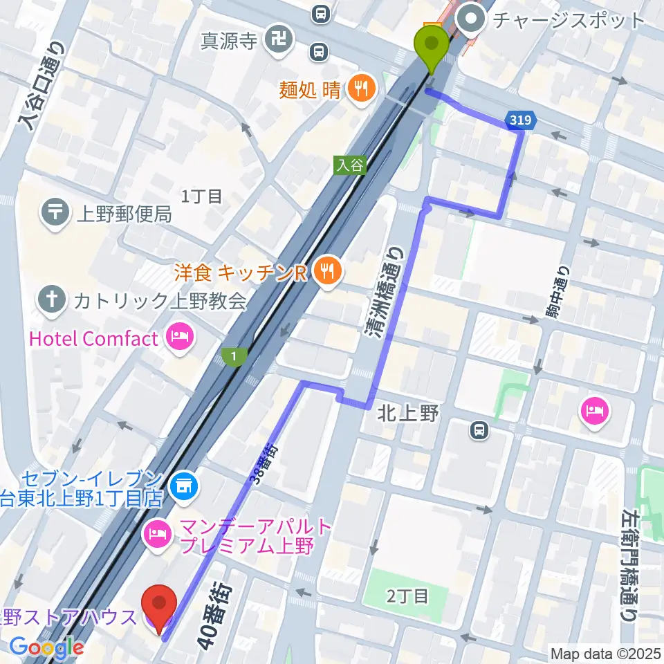 上野ストアハウスの最寄駅入谷駅からの徒歩ルート（約7分）地図