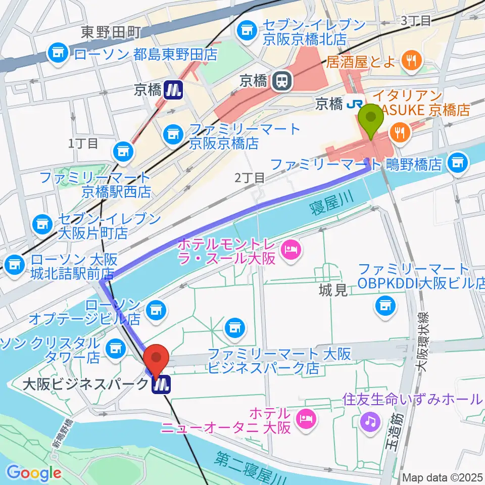 京橋駅から松下IMPホールへのルートマップ地図