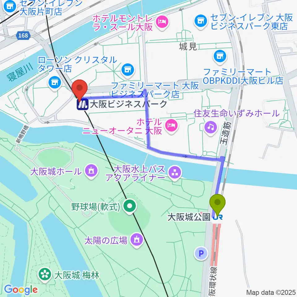 大阪城公園駅から松下IMPホールへのルートマップ地図