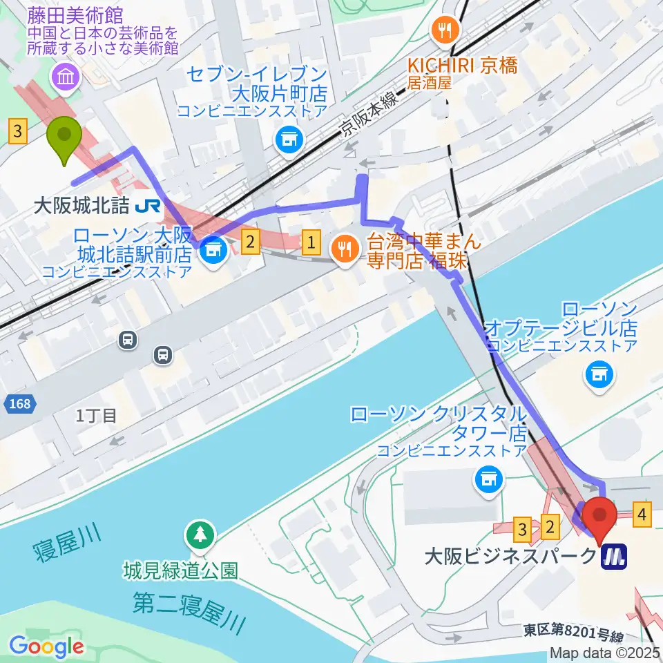 大阪城北詰駅から松下IMPホールへのルートマップ地図