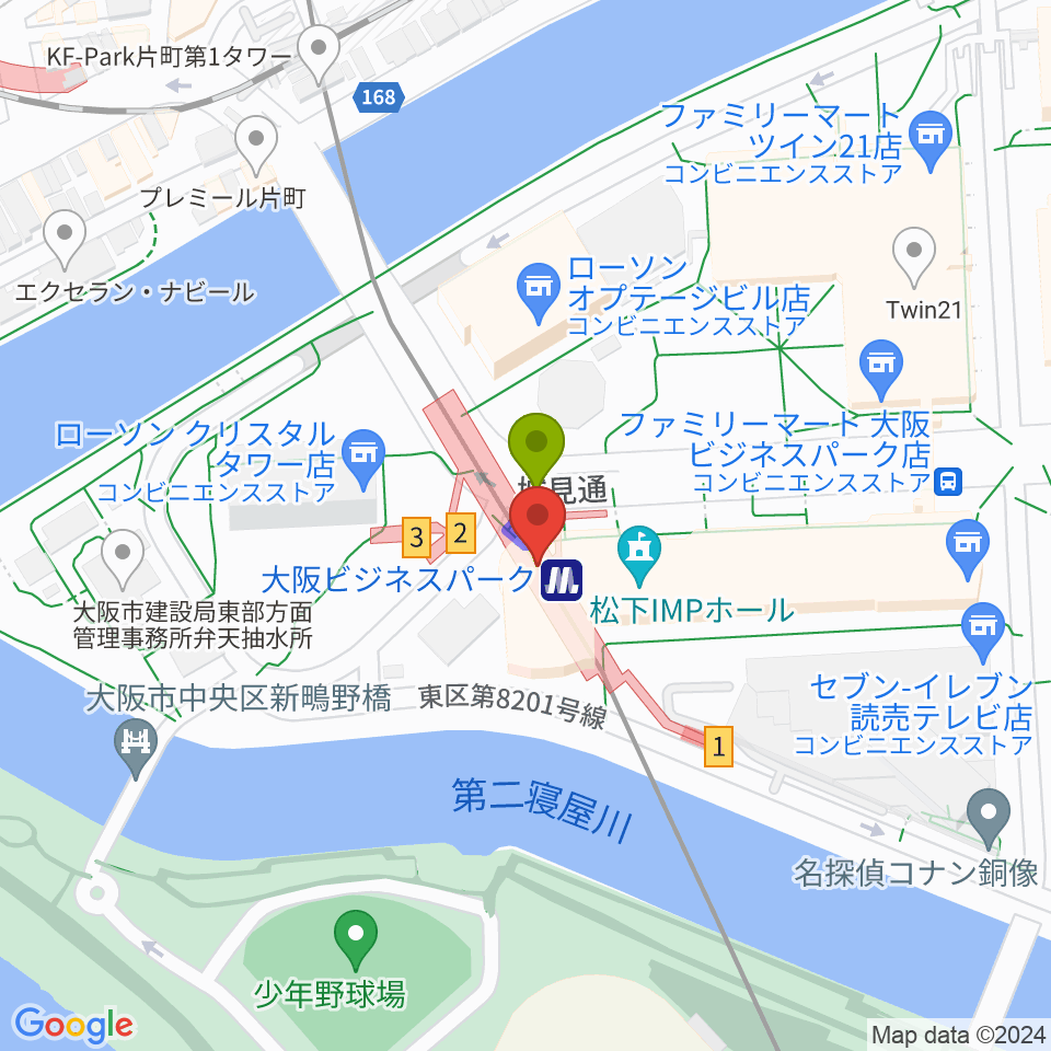 松下IMPホールの最寄駅大阪ビジネスパーク駅からの徒歩ルート（約1分）地図