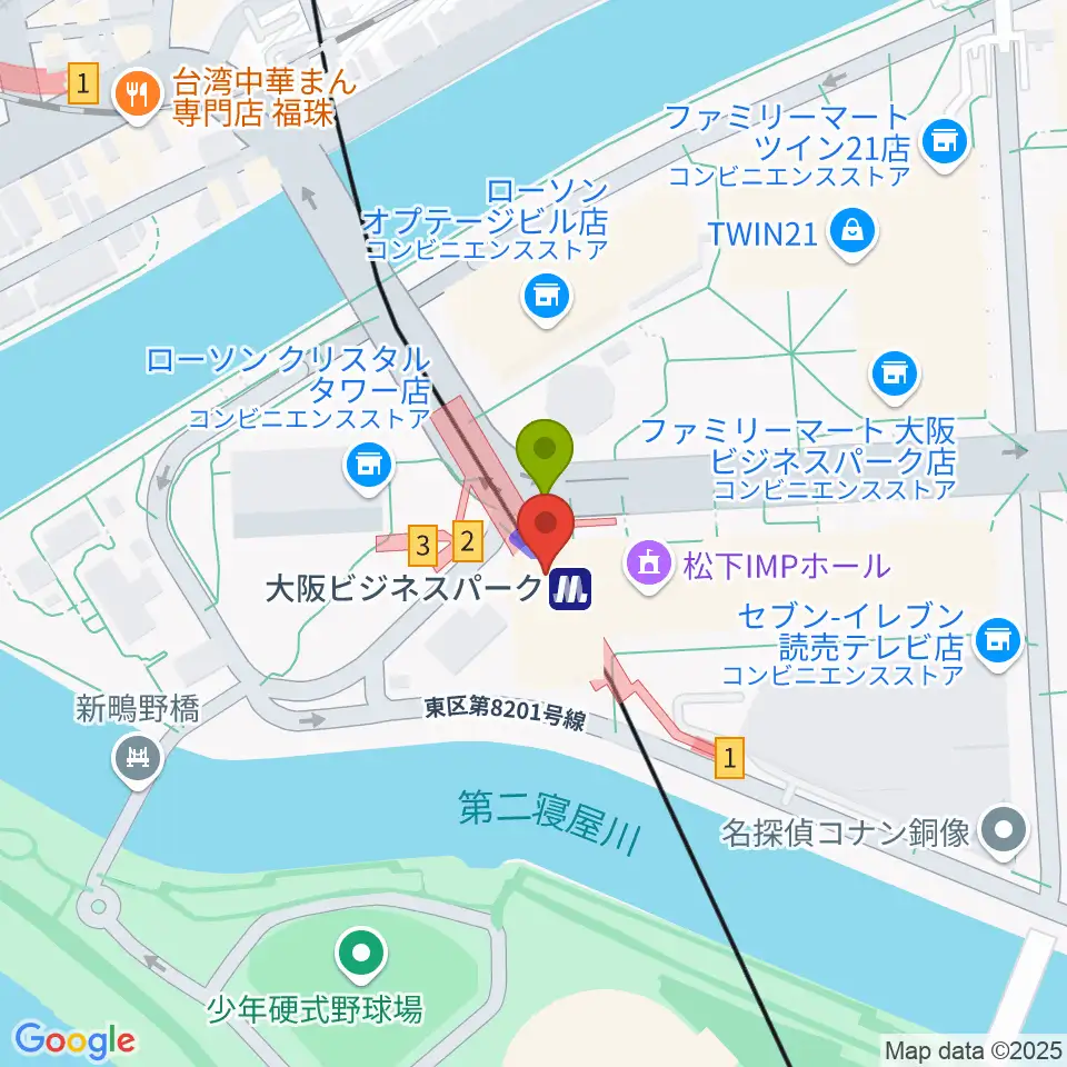 松下IMPホールの最寄駅大阪ビジネスパーク駅からの徒歩ルート（約1分）地図