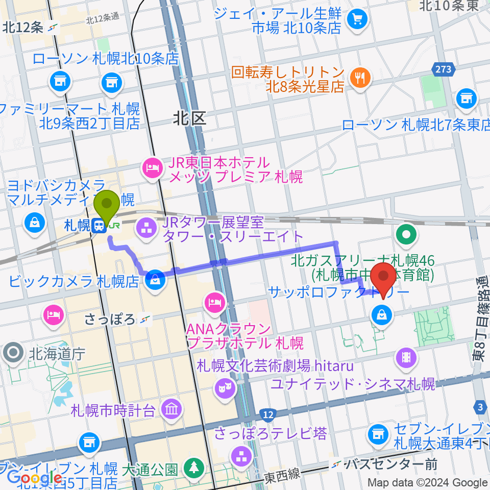 札幌駅から演劇専用小劇場BLOCH (ブロック）へのルートマップ地図