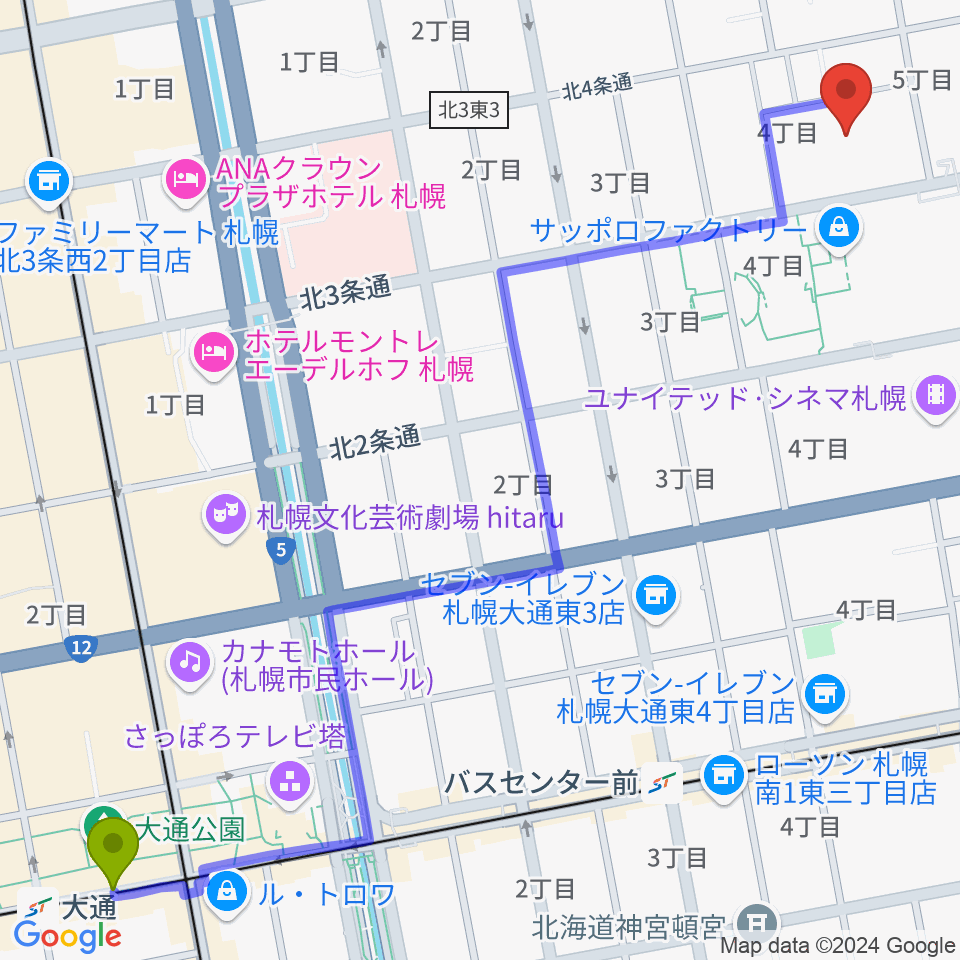 大通駅から演劇専用小劇場BLOCH (ブロック）へのルートマップ地図