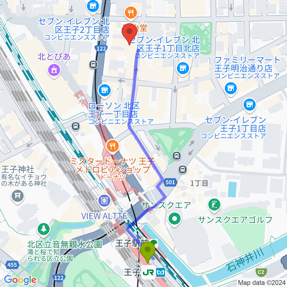 王子小劇場の最寄駅王子駅からの徒歩ルート（約6分）地図