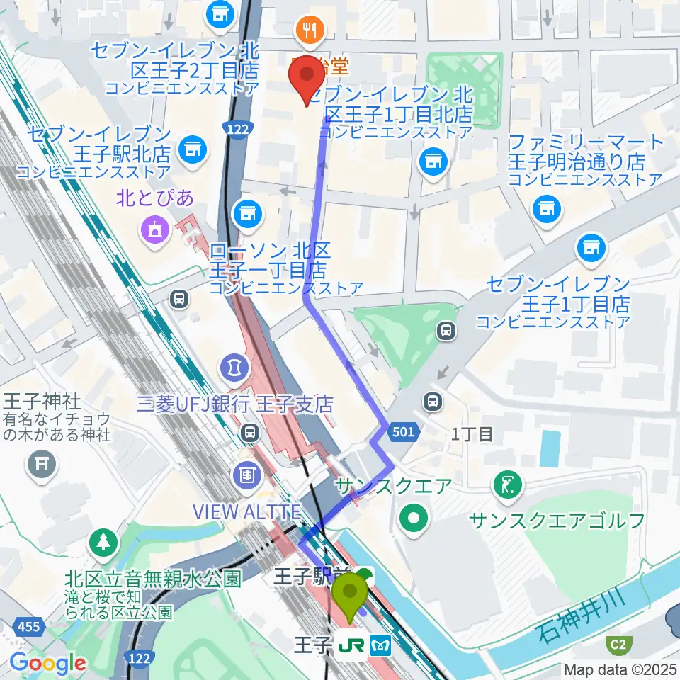 王子小劇場の最寄駅王子駅からの徒歩ルート（約6分）地図