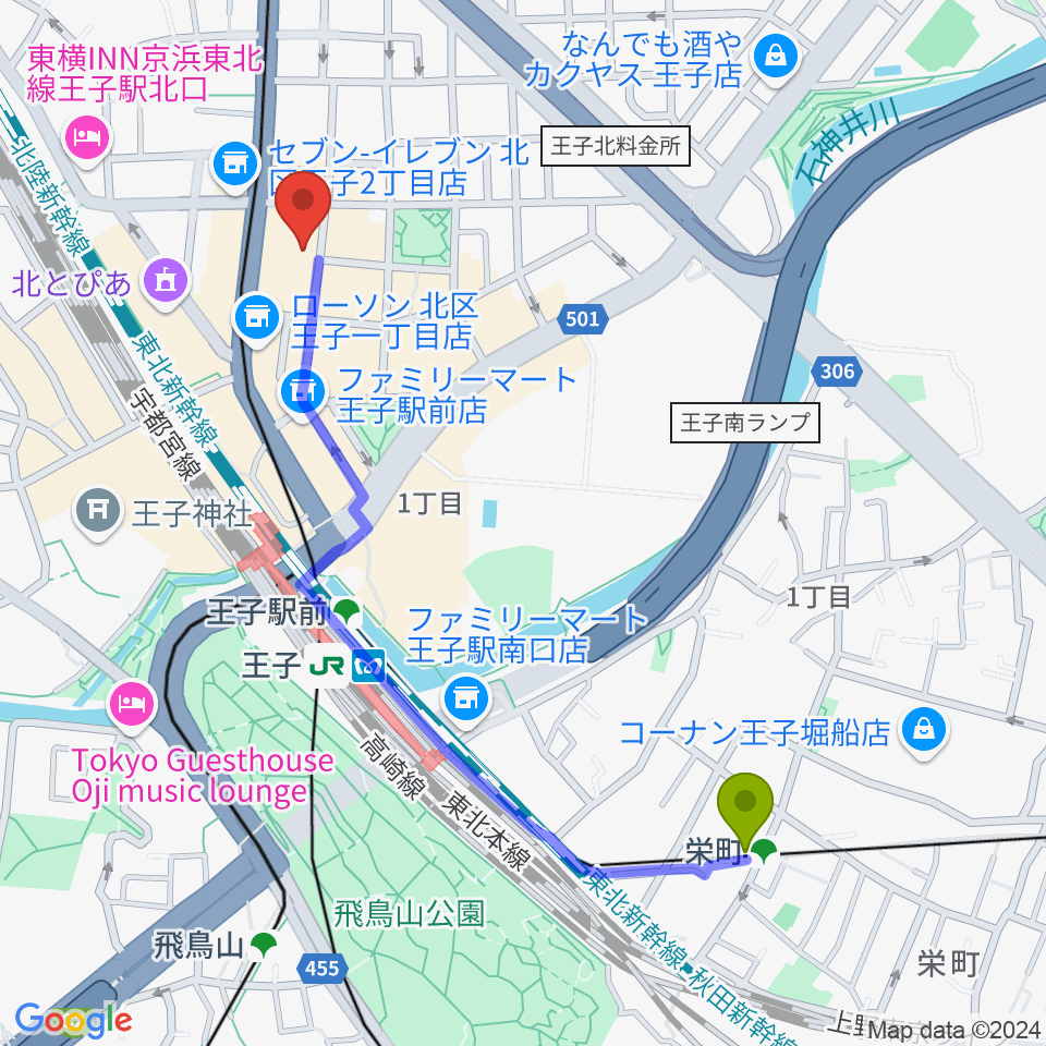 栄町駅から王子小劇場へのルートマップ地図