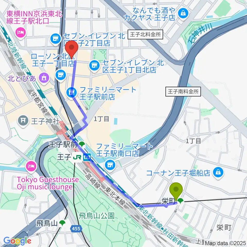 栄町駅から王子小劇場へのルートマップ地図