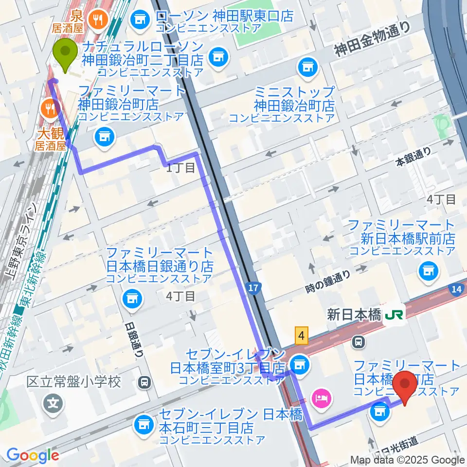 神田駅からお江戸日本橋亭へのルートマップ地図