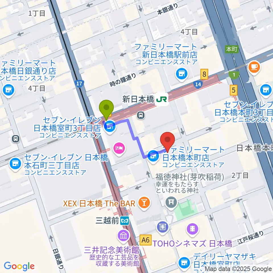お江戸日本橋亭の最寄駅新日本橋駅からの徒歩ルート（約2分）地図