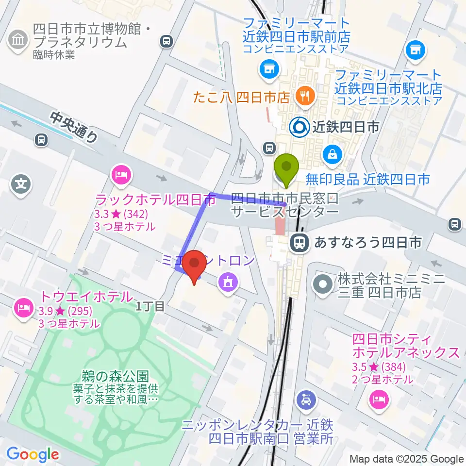 四日市ビージェイの最寄駅近鉄四日市駅からの徒歩ルート（約2分）地図