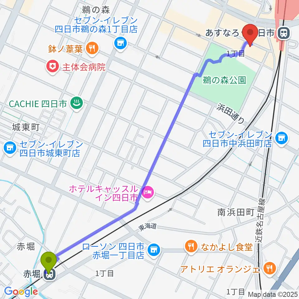 赤堀駅から四日市ビージェイへのルートマップ地図