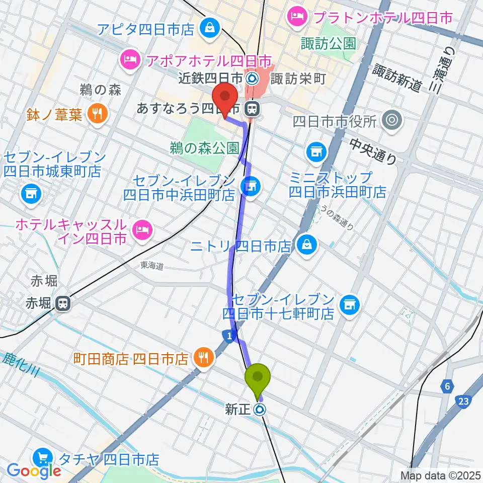 新正駅から四日市ビージェイへのルートマップ地図