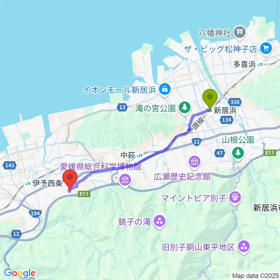 新居浜駅からzoofamilyへのルートマップ地図