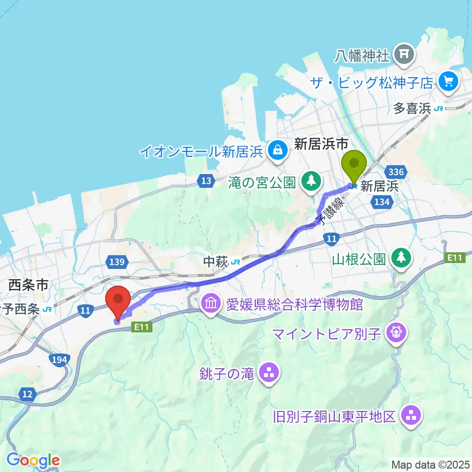 新居浜駅からzoofamilyへのルートマップ地図