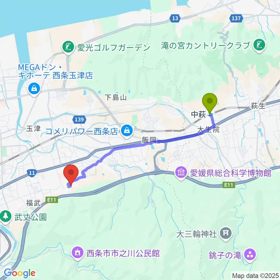 中萩駅からzoofamilyへのルートマップ地図