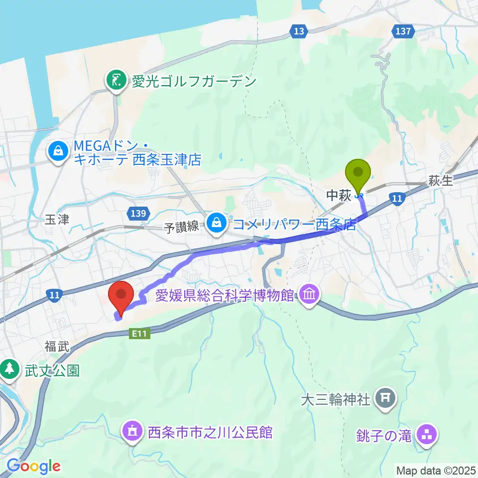 中萩駅からzoofamilyへのルートマップ地図
