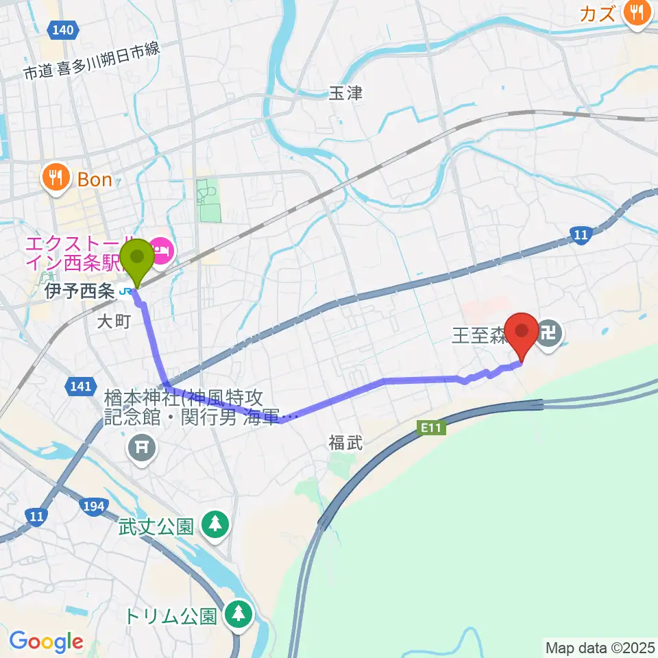 zoofamilyの最寄駅伊予西条駅からの徒歩ルート（約38分）地図