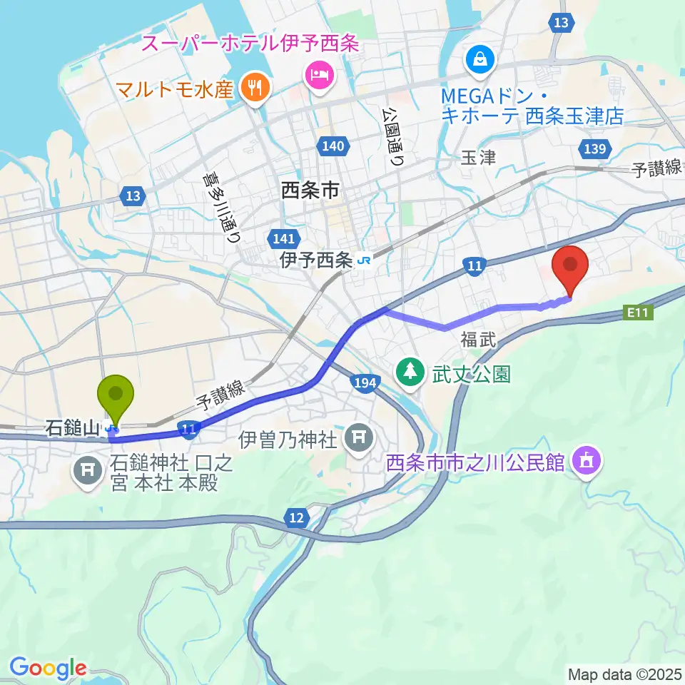 石鎚山駅からzoofamilyへのルートマップ地図