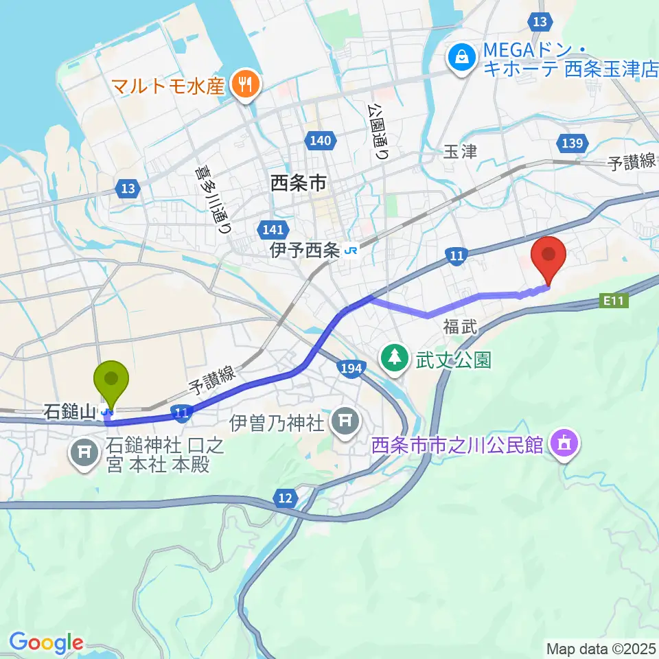 石鎚山駅からzoofamilyへのルートマップ地図