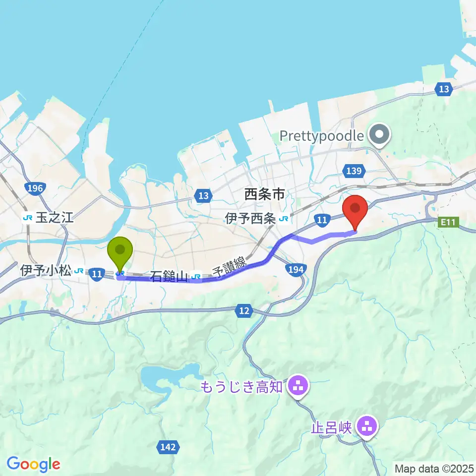 伊予氷見駅からzoofamilyへのルートマップ地図