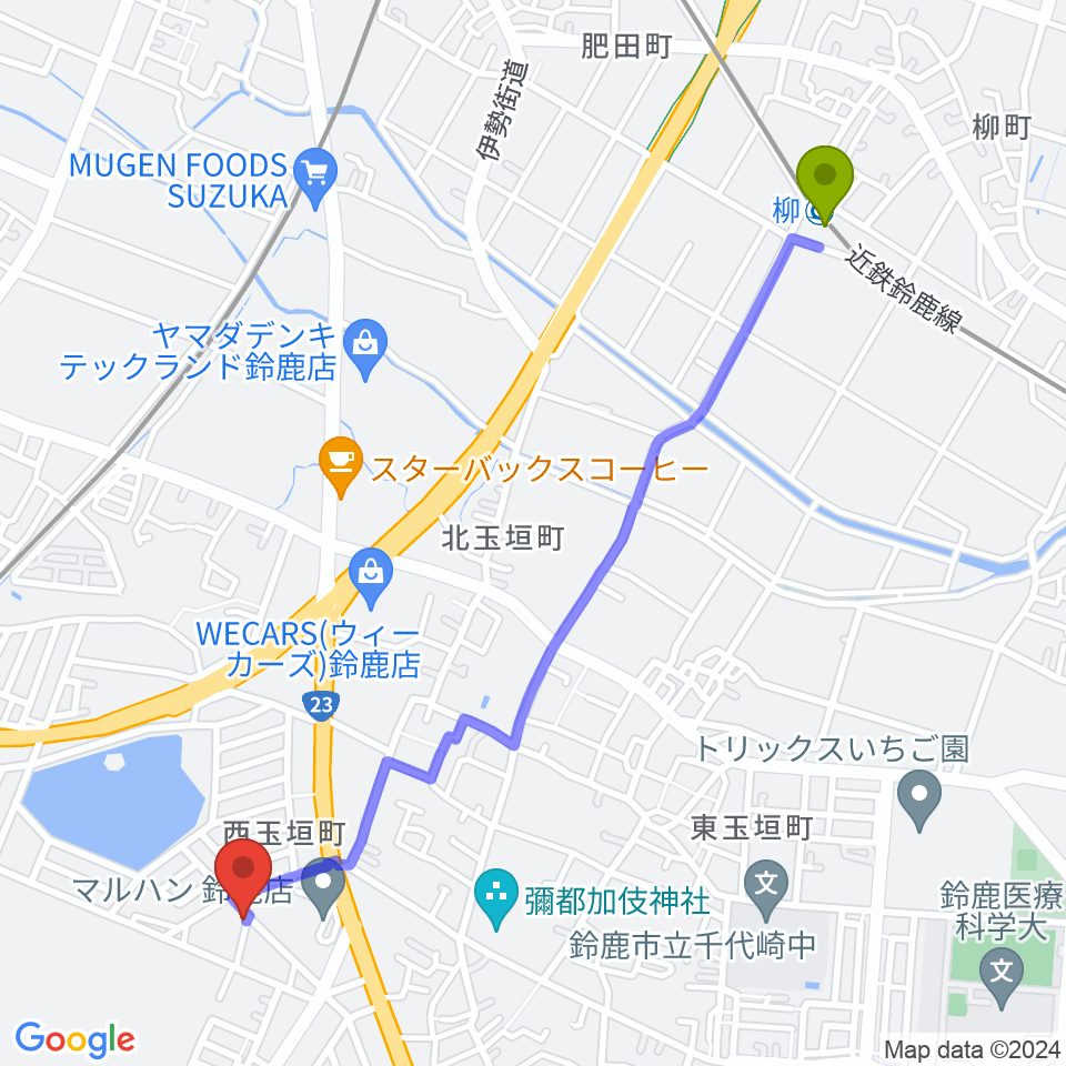 柳駅から鈴鹿どじはうすへのルートマップ地図