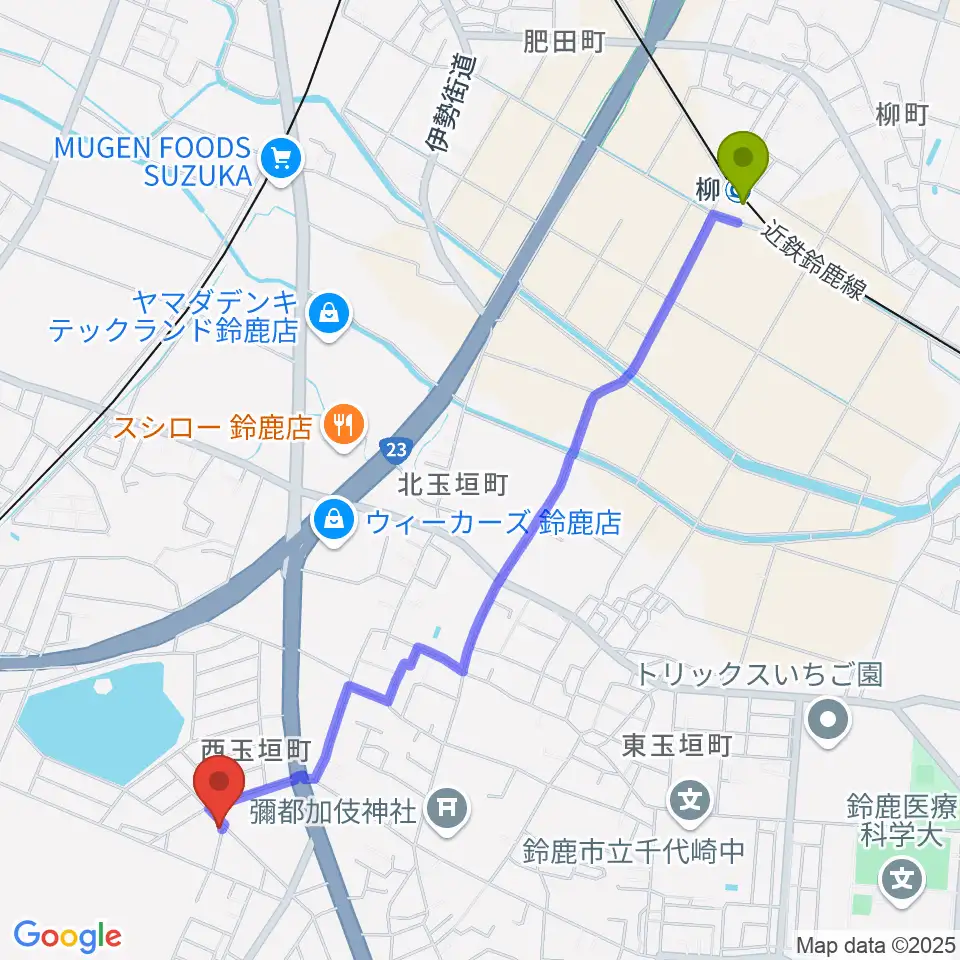 柳駅から鈴鹿どじはうすへのルートマップ地図