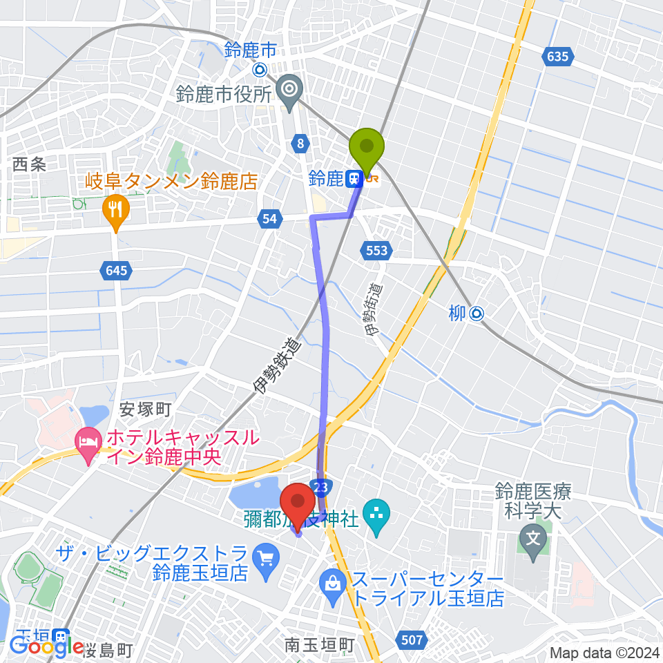 鈴鹿駅から鈴鹿どじはうすへのルートマップ地図