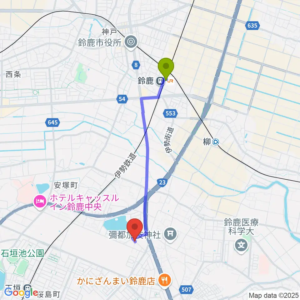 鈴鹿駅から鈴鹿どじはうすへのルートマップ地図