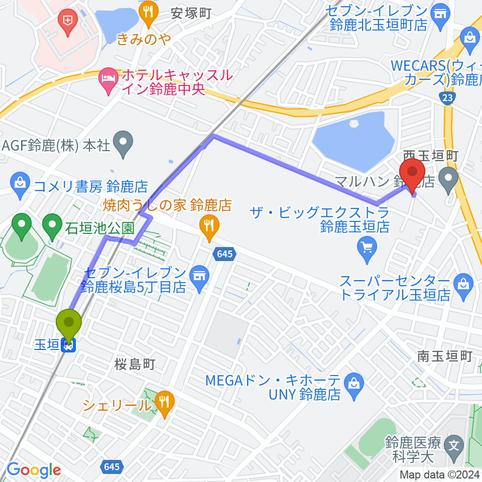 鈴鹿どじはうすの最寄駅玉垣駅からの徒歩ルート（約24分）地図