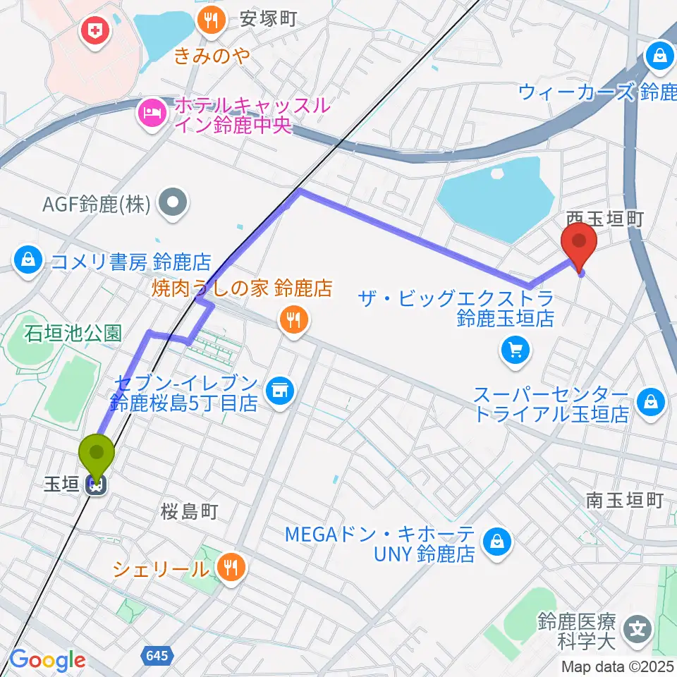 鈴鹿どじはうすの最寄駅玉垣駅からの徒歩ルート（約24分）地図