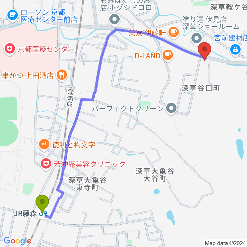 ぴあの屋ドットコムの最寄駅ＪＲ藤森駅からの徒歩ルート（約14分）地図