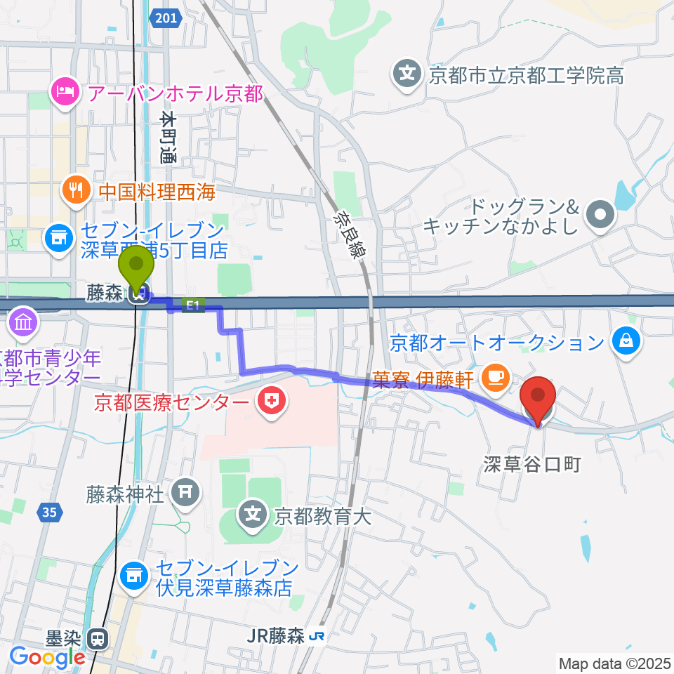 藤森駅からぴあの屋ドットコムへのルートマップ地図