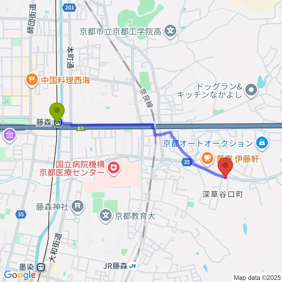 藤森駅からぴあの屋ドットコムへのルートマップ地図