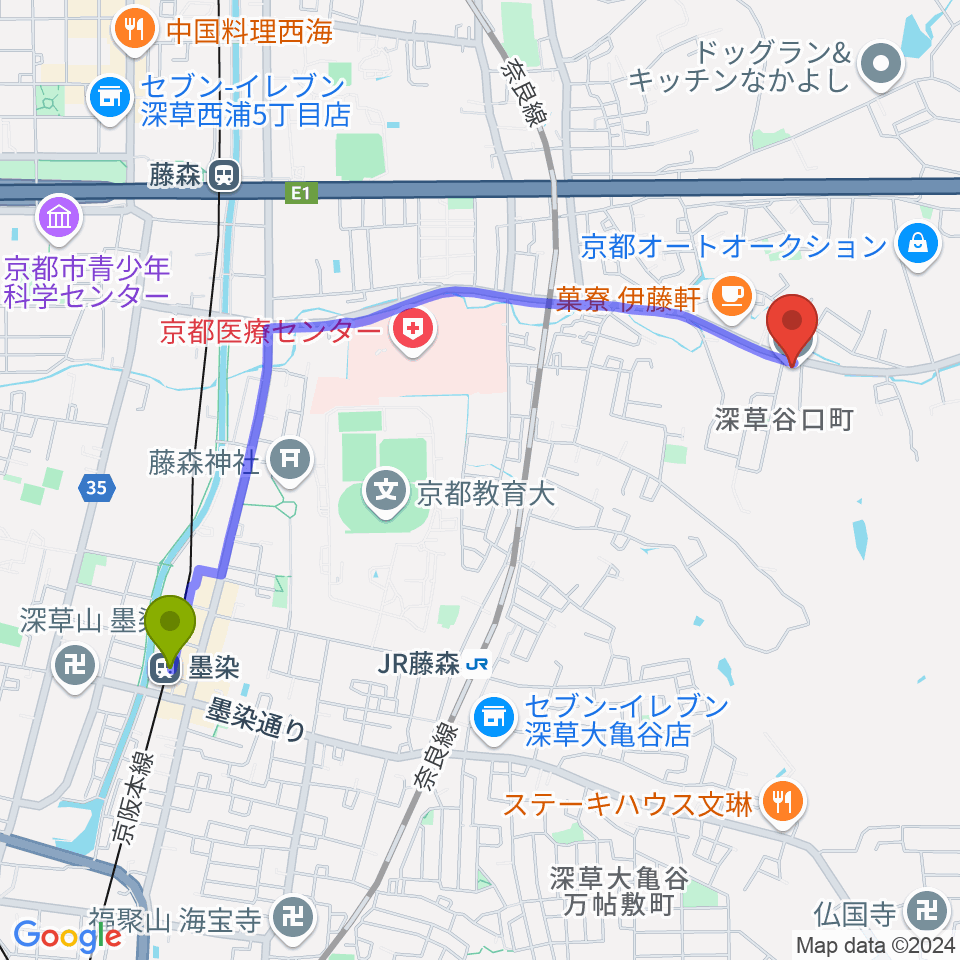 墨染駅からぴあの屋ドットコムへのルートマップ地図