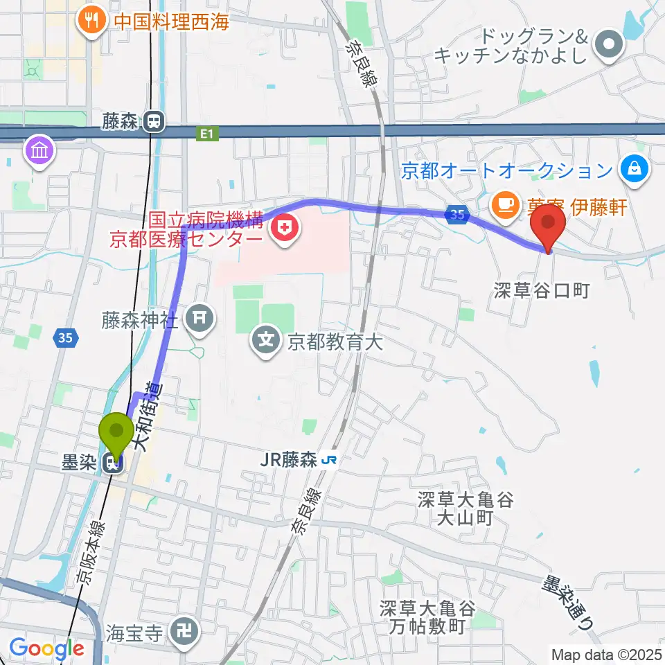 墨染駅からぴあの屋ドットコムへのルートマップ地図