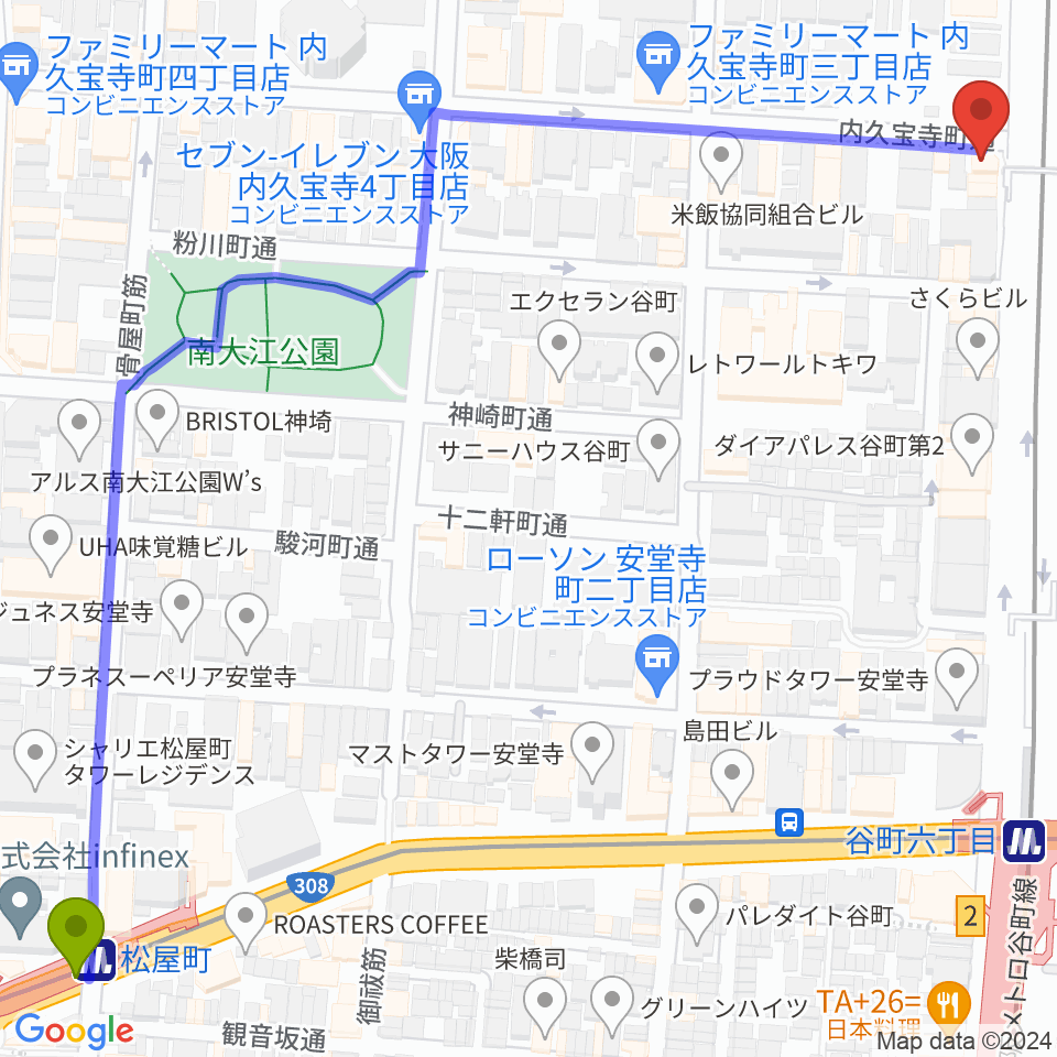 松屋町駅から谷町グラバー邸へのルートマップ地図