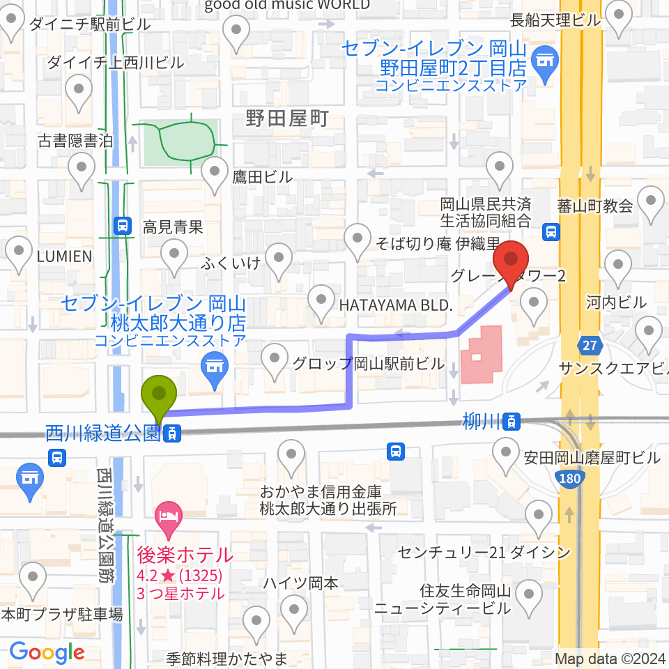 西川緑道公園駅から野田屋町ピアノバーへのルートマップ地図