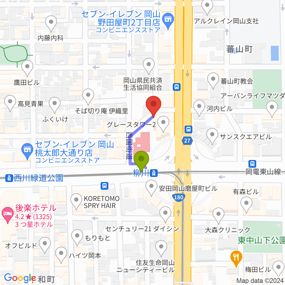 野田屋町ピアノバーの最寄駅柳川駅からの徒歩ルート（約2分）地図